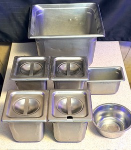 lot 38 image: Six (6) Vollrath Steam Pans &amp A Stainless Steel Pan Made in India
