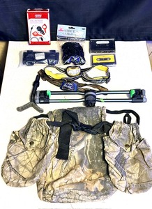lot 60 image: Hunting Supplies - Including 7-in-1 Outdoor Survival Tool, Cargo Net, Suppressor Cover, Head Lamps, Primos Two-Pount Gun Rest, &amp Game and Ammo Field Pouches WBelt
