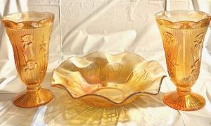 lot 66 image: Vintage Jeanette Marigold Carnival Glass Iris and Herringbone Footed Vase &amp Floragold Louisa Iridescent 11-12 Glass Bowl with Ruffled Rim