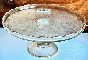 lot 67 image: Vintage 1950s Jeannette Glass Harp Pattern Pedestal Cake Stand WFluted Edge &amp Gold Trim