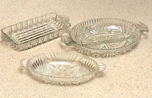 lot 69 image: Vintage Art DecoAnchor Hocking Glass Butter or Relish Dish, 1940s-60s Hazel Atlas RelishNut Dish, &amp Anchor Hocking Stars and Bars Design Divided Glass Relish Dish