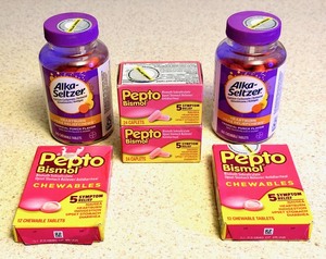 lot 131 image: Two (2) Bottles of 60 Chewable Tablets of Alka-Seltzer HeartburnGas Relief Chews, two (2) Boxs of Twelve (12) Pepto Bismol Chewables, &amp Two (2) Boxes of Twenty-Four (24) Pepto Bismol Caplets