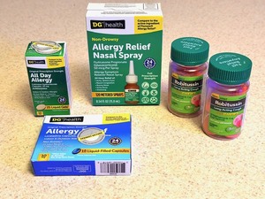 lot 135 image: Two (2) Bottles of 10 Chewable Robitussin Long-Acting Chews,and DG Health Allergy Relief Nasal Spray, Prescription Strength Allergy Relief Gel Caps, &amp All Day Allergy Relief Liquid Gels