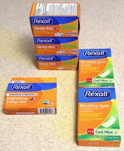 lot 138 image: Rexall Two (2) 20 Piece Boxes 4mg Nicotine Gum, Three (3) Boxes 100 Rapid Release Tablets Sleep-Aid, one (1) Maximum Strength 16 Softgels Nighttime Sleep Aid