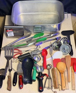 lot 165 image: Huge Selection of Kitchen Utensils &amp Vintage Mirro Roasting Pan