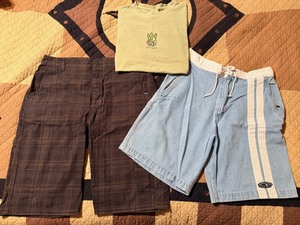 lot 166 image: Vintage OP Denim Board Shorts, Vans Mens Brown Plaid Cotton Cargo Shorts, &amp Life is Good Womens M T-Shirt