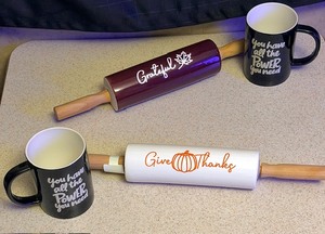 lot 184 image: Give Thanks &amp Grateful Ceramic Rolling Pins With Wooden Handles &amp Two (2) Room Essentials Ceramic Mugs