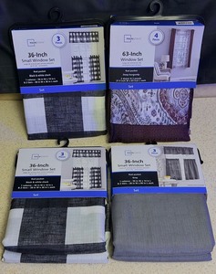 lot 185 image: Three&nbsp (3) Mainstays 36-inch Small Window Curtains and Valance Sets (2 Black &amp White Check and One (1) Gray) &amp One (1) 63-inch Window Set(Deep Burgundy)&nbsp