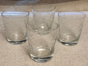 lot 213 image: Set of Four (4) Etched Glass On the Rocks Whiskey Glasses