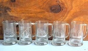 lot 215 image: Vintage Collectible &amp Practical Glass Mugs Feature Wooden Sailing Ships of Old from Long John Silver&nbsp