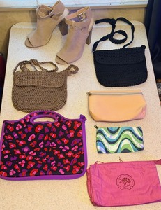 lot 218 image: Pair Express Womens High Heels, Five (5) Purses and Handbags, &amp&nbspMacbeth Collection by&nbspMargaret JosephNeoprene&nbspLunch Tote Bag Purse&nbsp