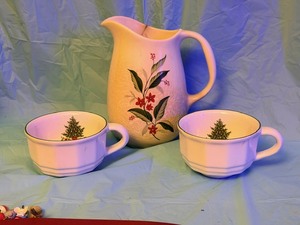 lot 234 image: Universal Cambridge Water Pitcher Vintage Botanicals Red Green &amp Pfaltzgraff Christmas Heritage Mugs WChristmas Tree Design