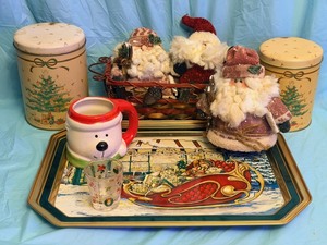 lot 238 image: Multiple Decorative Christmas Items - Including Christmas Cannisters&nbsp Set, Vintage Santa Dolls, Polar Bear Mug, &amp Christmas Tray