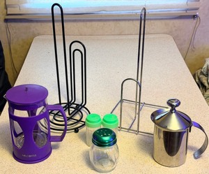 lot 241 image: Fino Milk FrotherCappucino Foam Pitcher with Handle &amp Lid, Mr. Coffee French Press Coffee Maker 22 Ounces, Stylish Metal Paper Towl Holders, &amp Shakers