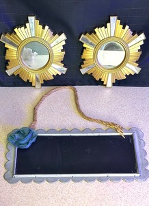 lot 243 image: Corrugated Wall-Hanging Chalk Board W Blue Rose &amp Two (2) Matching Wall-Hanging Sun Beam Mirrors