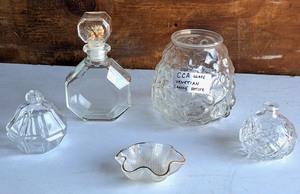 lot 257 image: Octagonal Faceted AntiqueVintage Perfume Bottle WStopper, Two (2) Lamp Light Farms Austria Refillable Christal Oil Candles,Vintage 1960s Venetian CCA Crinkle Tealight Candle Holder, &amp Vintage Clear Glass Bowleith a Ruffled, Gold Trimmed Edge
