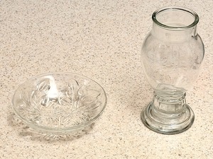 lot 259 image: Vintage French Art Deco Opalescent Glass Bowl in the Thistle or Firpine Pattern, &amp Princess House Heritage Clear Glass Pillar Candle Holder