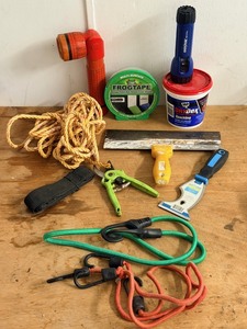 lot 100 image: Lot of Tools, Home Improvement, and Tie Downs - Including Frogtape, 6-in-1 Softgrip Paint Tool, &amp Bungee Cord