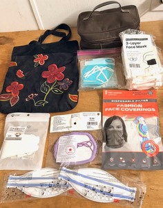 lot 269 image: Assorted Face Coverings w Floral Bag &amp Este Lauder Makeup Bag