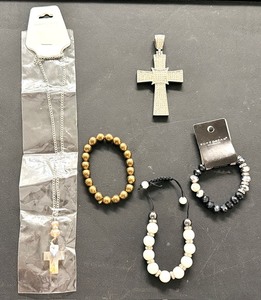 lot 277 image: Three (3) Bracelets, NEW Stone Cross WNecklace , &amp Large and Ornate Cross Pendant - Fashion Jewelry