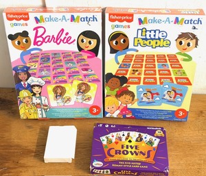lot 289 image: Two (2) NEW Fisher-Price Make-A-Match Barbie &amp Little People Games, Five Crowns Game by Play Monster, and New Deck of Playing Cards