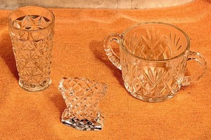 lot 296 image: Pasabanhce Estrella Textured Hi-Ball Glass, Vintage Anchor Hocking Pineapple Pattern Open Sugar Bowl, &amp Vintage Bohemian Chrystal Toothpick Holder