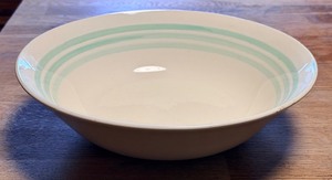 lot 284 image: Vintage Farmhouse Style 10 Stoneware Serving Bowl - White with Aqua or Mint Stripes