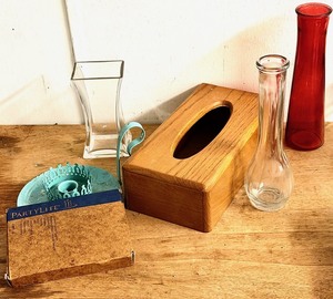 lot 308 image: Home Decor - Including Red and Clear Vases, Vintage Candle Holder, Box of Partylite Candles, & Wooden Tissue Dispenser