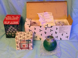 lot 315 image: Set Of 16 Spun Glass Heart Shaped Hanging Ornaments, Teddy Bear Christmas Mug, & OCH Glass Ornament Candle Holders