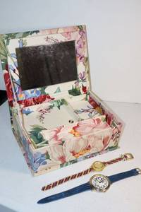 lot 64 image: Floral jewelry box and watches (blue watch needs face cover)