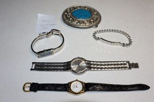 lot 65 image: Jewelry watches and faux turquoise belt buckle, see photos