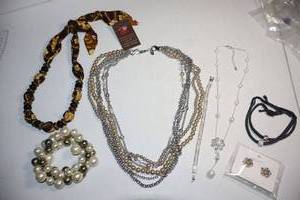 lot 92 image: Pearl and rhinestone jewelry plus Tanzania scarf necklace