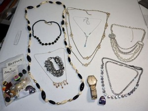 lot 96 image: Jewelry necklaces, buttons, and mens watch