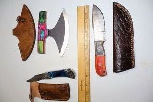 lot 116 image: Damascus steel knives Ulu knife, hunting knife and folding pocket knife
