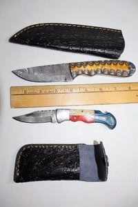 lot 120 image: Damascus steel knives Hunting knife and folding pocket knife with Texas flag handle