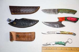 lot 139 image: Damascus steel knives Hunting knife, ulu knife, folding pocket knife, folding key chain knife