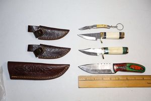 lot 140 image: Damascus steel knives Hunting knives and folding key chain knife