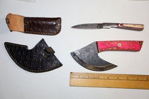 lot 20 image: Damascus steel knives - Ulu knife and folding pocketknife