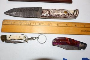 lot 24 image: Damascus steel knives - Hunting knife, folding pocketknife, and folding keychain knife
