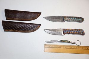 lot 31 image: Damascus steel knives - Hunting knives, and folding keychain knife