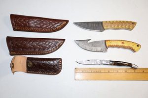 lot 32 image: Damascus steel knives - Hunting knives, and folding pocketknife