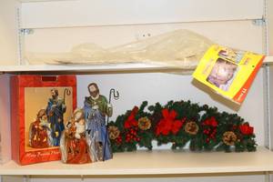 lot 159 image: Christmas Holy family candle holder, decorative swag, window cutouts