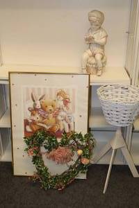 lot 160 image: Valentines poster and wreath, white plant stand, and boy figurine