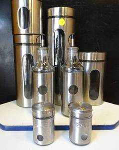 lot 58 image: AWESOME STAINLESS KITCHEN CANISTER COLECTION - ASSORTED SET WITH SALT & PEPPER