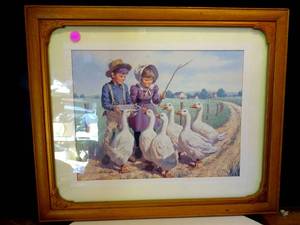 lot 164 image: $$$ ARTHUR SARNOFF CHILDREN FEEDING DUCKS FRAMED PRINT (1950S) CHECK COMPS