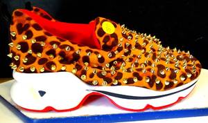 lot 287 image: RED BOTTOMS WOMENS METAL SPIKE LEOPARD PRINT FASHION SNEAKERS