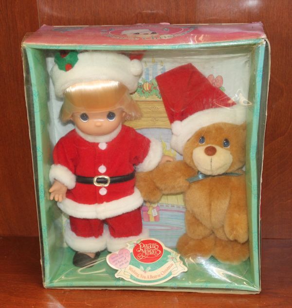 lot 63 image: Vintage Precious Moments Wishing You A Bear-ie Christmas Doll &amp Bear Set in original box