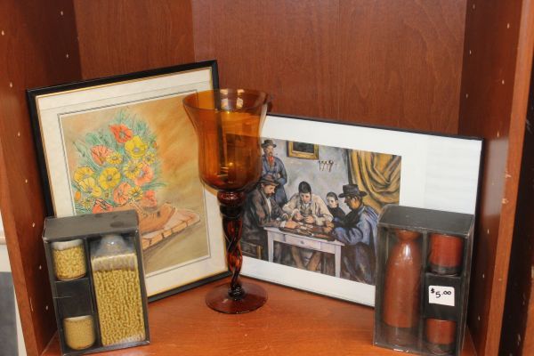 lot 65 image: Variety of Vintage home decor items including a Amber candle holder and framed pictures