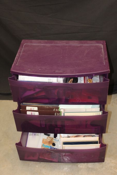 lot 122 image: Plastic, Purple Three Drawer set with Pantyhosetights SIP may include pantyhose, knee high, Thigh high, different brands, sizes and colors