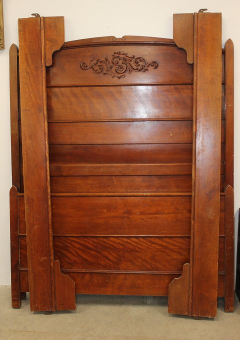 lot 128 image: Antique Eastlake Victorian high back bed frame Twin Size